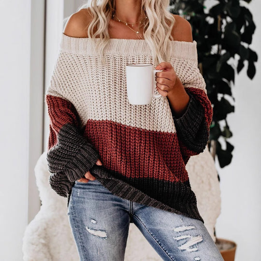 Damen lässiger Strickpullover mit weitem Ausschnitt und Farbblockdesign R&B