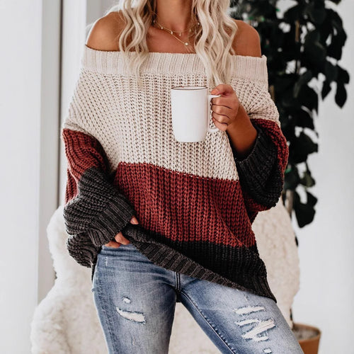 Damen lässiger Strickpullover mit weitem Ausschnitt und Farbblockdesign R&B