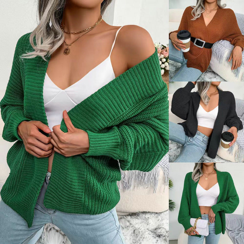 Damen Grobstrick Cardigan mit weit geschnittenen Ärmeln und offenem V-Ausschnitt R&B