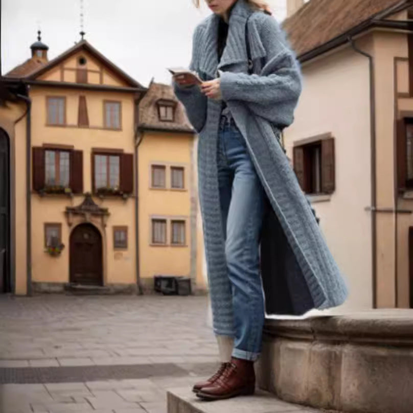 Damen Oversized Strickmantel mit voluminösen Ärmeln und elegantem Revers R&B