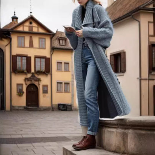 Damen Oversized Strickmantel mit voluminösen Ärmeln und elegantem Revers R&B