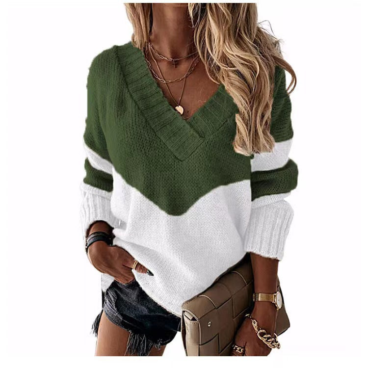 Damen Strickpullover mit V-Ausschnitt und trendigen Farbblockmustern R&B