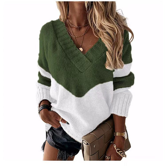 Damen Strickpullover mit V-Ausschnitt und trendigen Farbblockmustern R&B