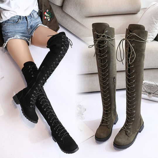 Damen Überknee-Stiefel mit modischem Schnür-Design und robustem Profil R&B