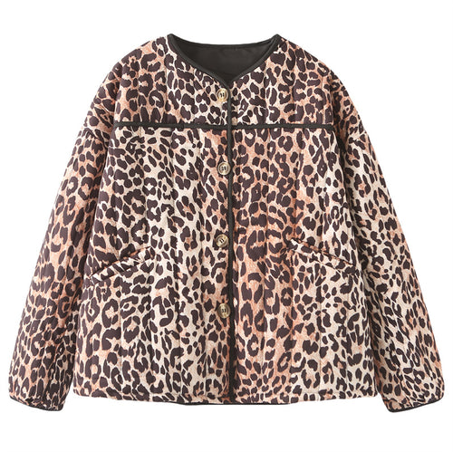 Damen gesteppte Jacke mit Leopardenmuster und praktischen Taschen R&B