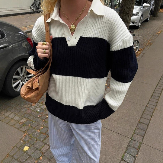 Damen Sportlicher Pullover mit Kragen und Blockstreifen R&B