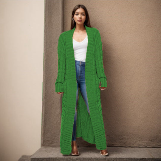 Damen Langer Strickcardigan mit raffiniertem Zopfdesign und praktischen Taschen R&B