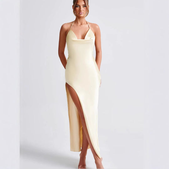 Damen Satin-Maxikleid mit tiefem Schlitz und Halterneck R&B