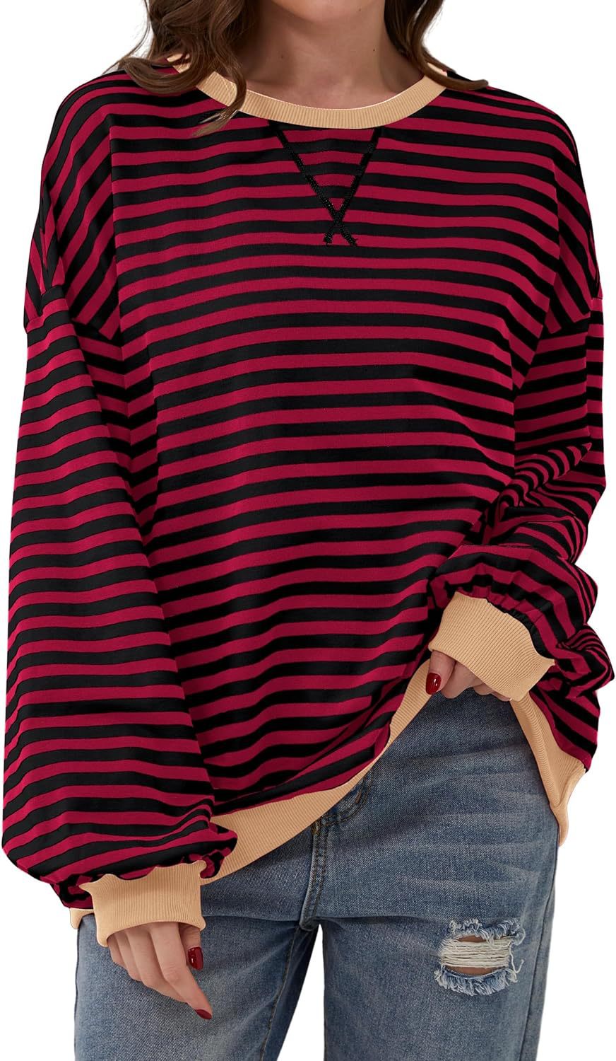 Damen lässiger Oversized Sweatshirt mit bunten Streifen und Kapuzenkordel R&B
