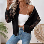 Damen nan leichte Bomberjacke mit floralen Spitzenärmeln und Reißverschluss R&B