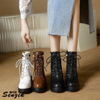 Damen Schnürstiefel mit robustem Blockabsatz und elastischem Strickkragen R&B