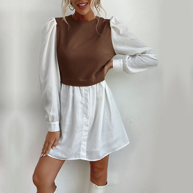 Damen modisches Hemdkleid mit eleganten Puffärmeln und knöpfbarem Vorderteil R&B