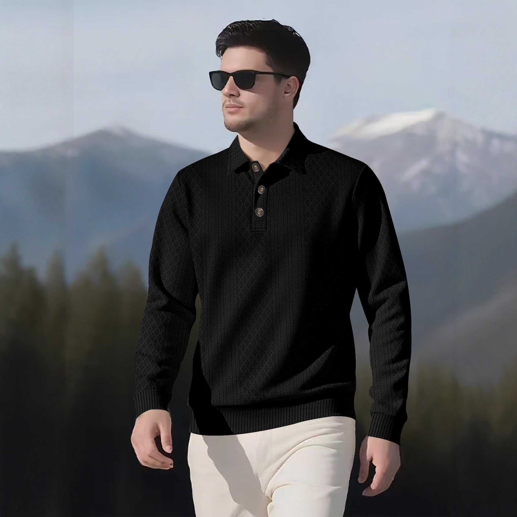 Herren Langarm-Polohemd mit strukturiertem Design und modischen Knöpfen R&B