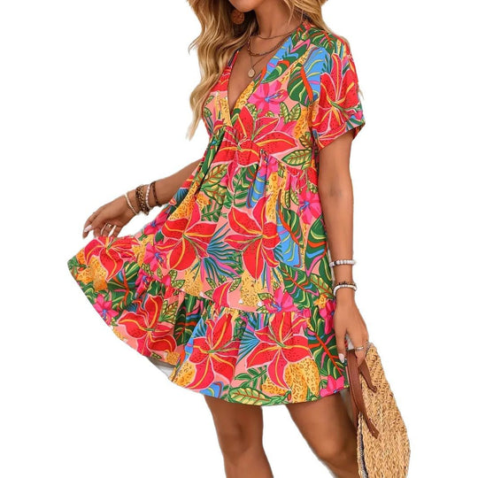 Damen kurzärmliges Freizeitkleid mit floralem Muster und Rüschendetails R&B