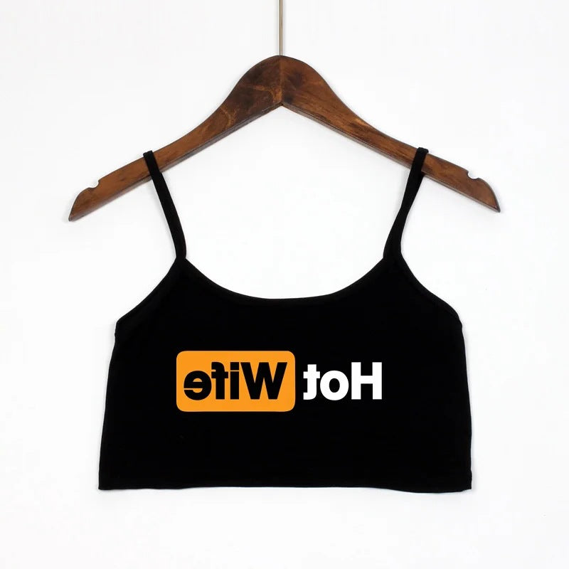 Damen Crop-Top mit modernen Schriftzügen und verstellbaren Trägern R&B