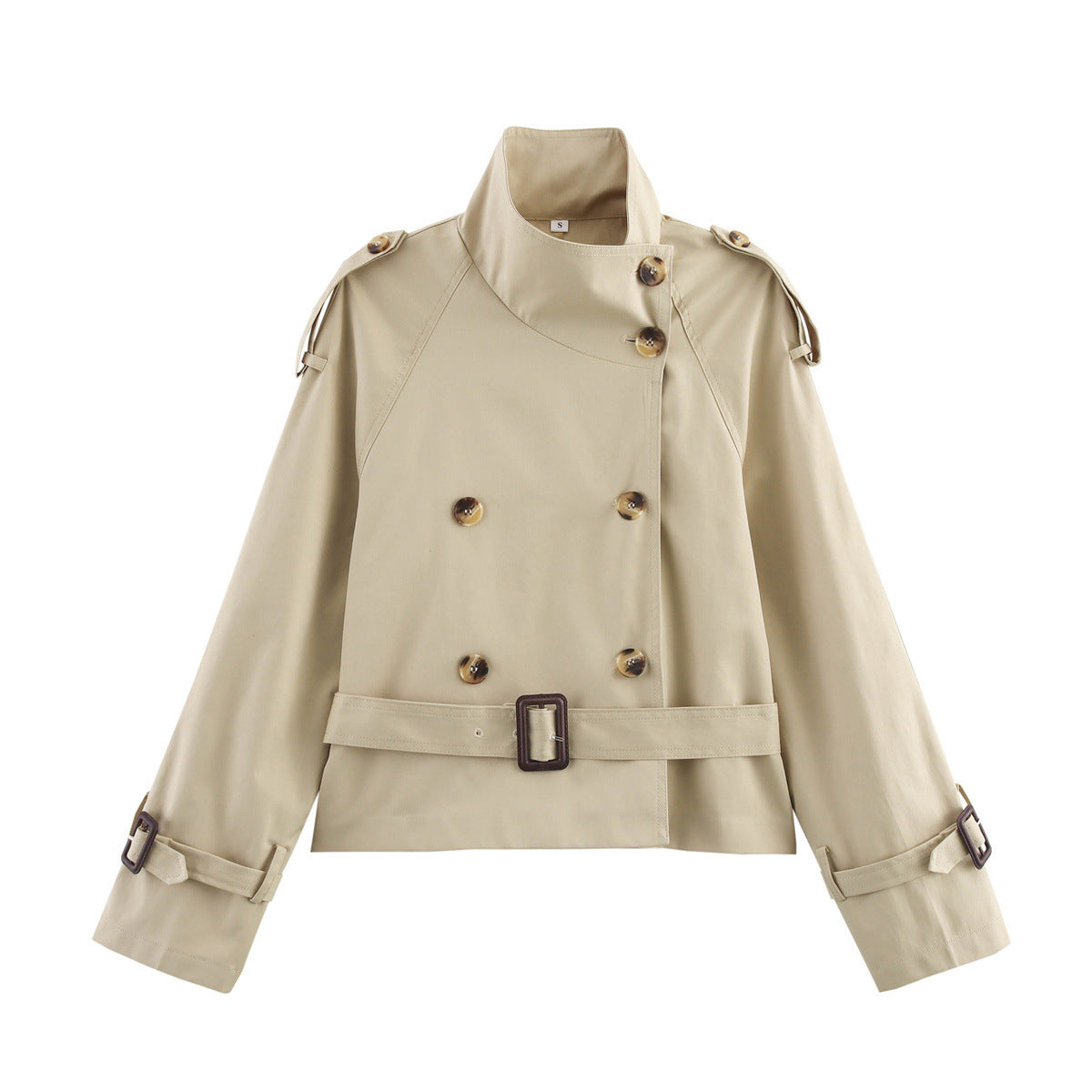 Damen modischer Trenchcoat mit hoch geschlossenem Kragen und praktischen Schulterriegeln R&B