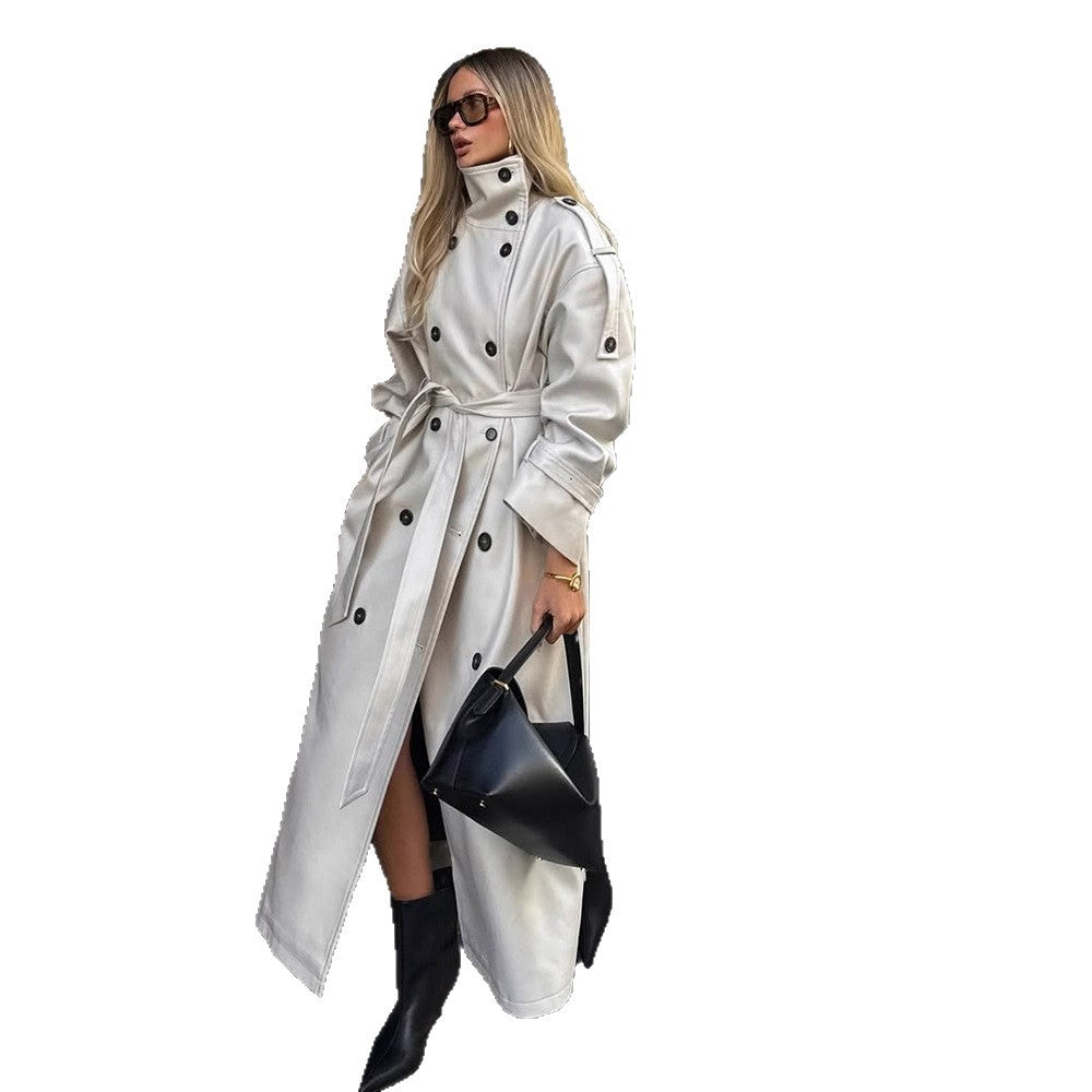 Damen eleganter Mantel mit hohem Kragen und taillierbarem Gürtel R&B