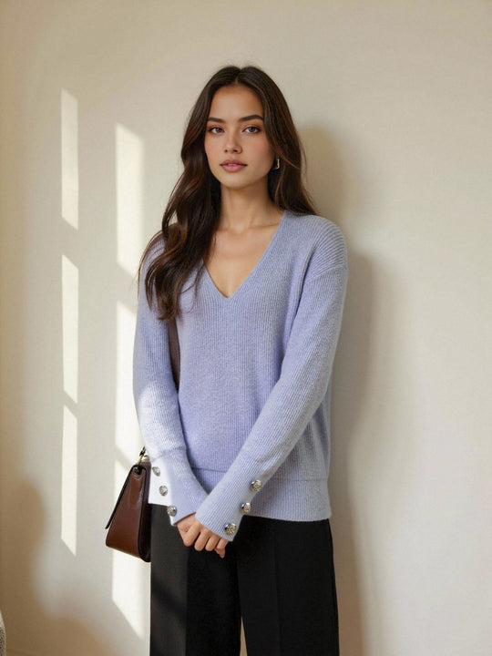 Damen V-Ausschnitt Strickpullover mit dekorativen Knöpfen R&B