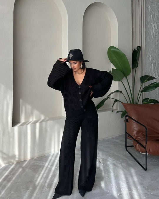 Damen Strickanzug mit Knopfdetails und weitem Schnitt R&B