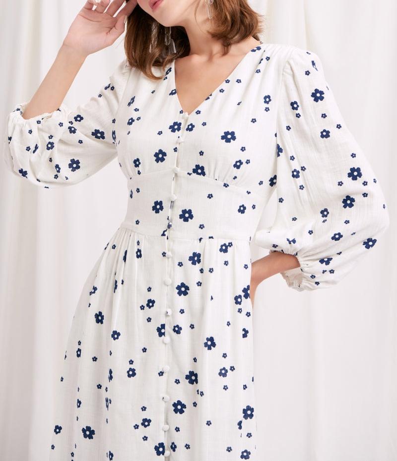 Damen Maxikleid mit floralem Muster und eleganten Puffärmeln