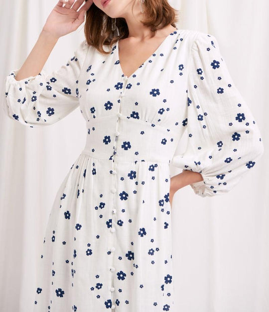 Damen Maxikleid mit floralem Muster und eleganten Puffärmeln R&B