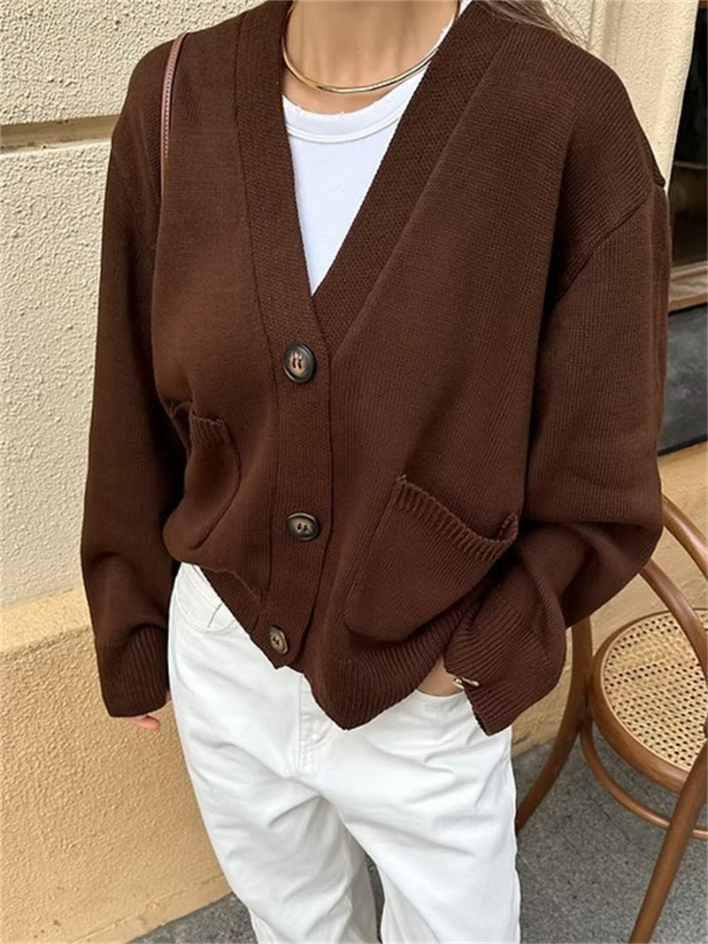 Damen lässiger Strickcardigan mit großen Taschen und Knopfverschluss R&B