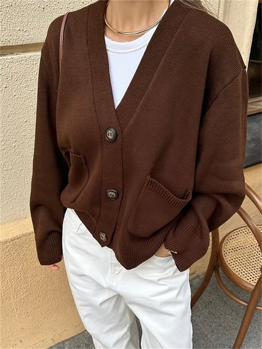 Damen lässiger Strickcardigan mit großen Taschen und Knopfverschluss R&B
