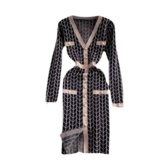 Damen Strickkleid mit Knopfdetaillierung und V-Ausschnitt R&B