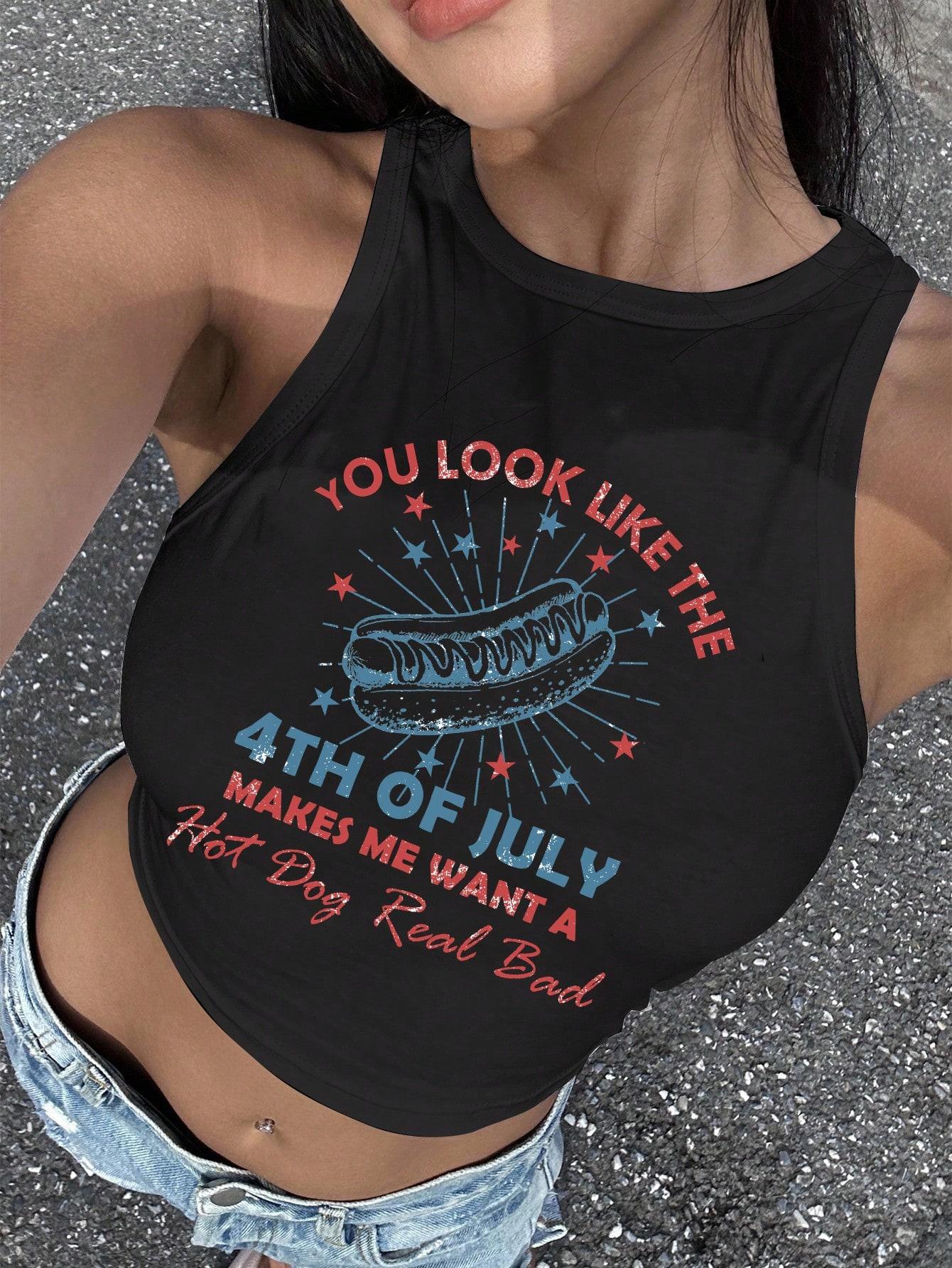 Damen Cropped Tanktop mit kreativem Schriftzug und lR&Bhaftem Design R&B