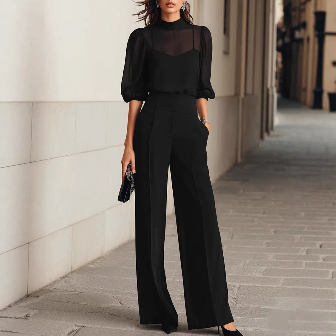Damen elegantes Blusenset mit weiten Beinen und transparenten Ärmeln R&B