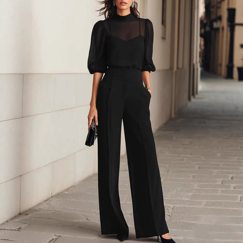 Damen elegantes Blusenset mit weiten Beinen und transparenten Ärmeln R&B