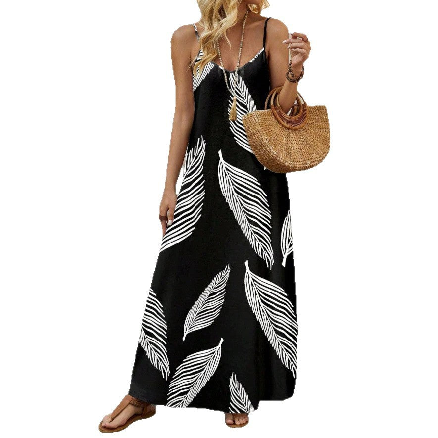Damen Maxikleid mit elegantem Blätterdesign und feinen Spaghettiträgern R&B