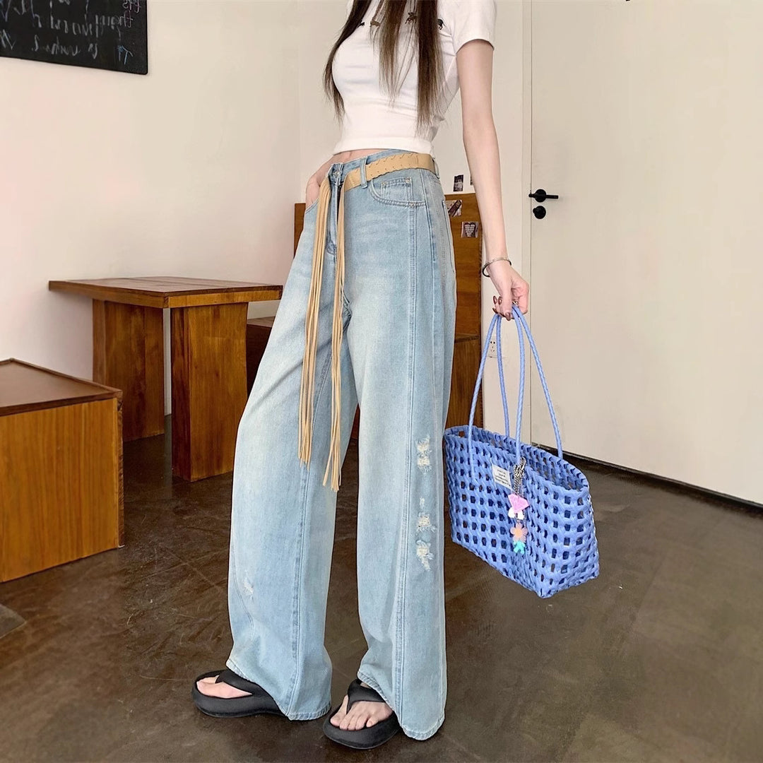 Damen Weite Jeans mit modischen Rissen und hohem Bund R&B