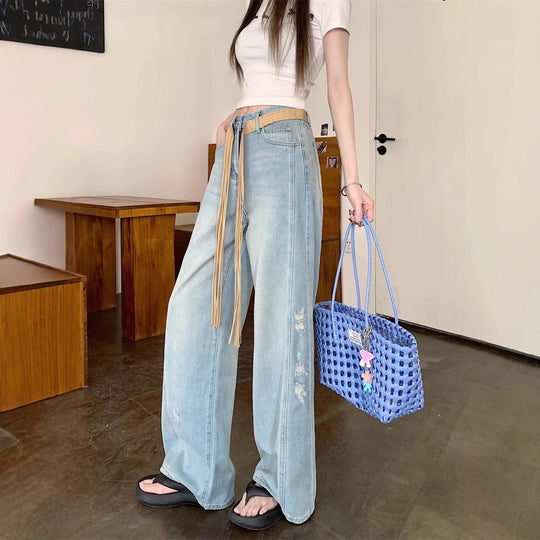Damen Weite Jeans mit modischen Rissen und hohem Bund R&B