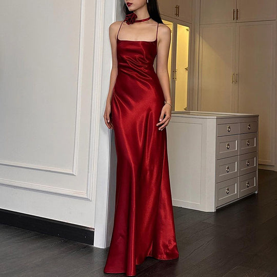 Damen elegantes Maxikleid aus fließendem Satin mit Spaghettiträgern R&B