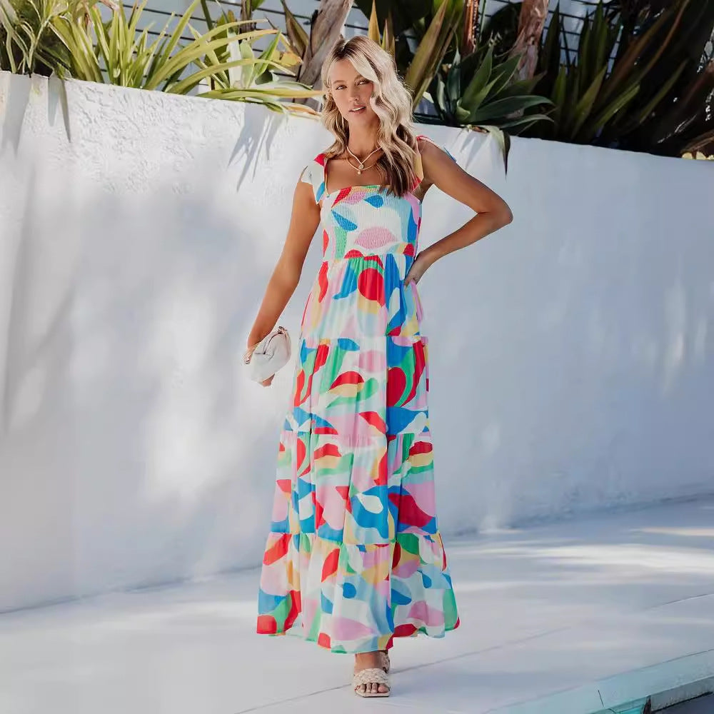 Damen Maxikleid mit buntem geometrischen Design und voluminösem Rock R&B