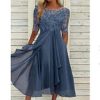 Damen nan V-Ausschnitt Chiffon-Midikleid mit besticktem Bustier, transparenten dreiviertel-Ärmeln und asymmetrischem Lagenrock R&B