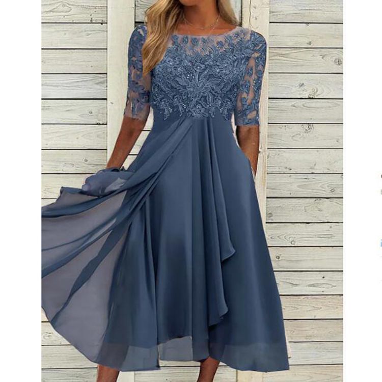 Damen nan V-Ausschnitt Chiffon-Midikleid mit besticktem Bustier, transparenten dreiviertel-Ärmeln und asymmetrischem Lagenrock R&B