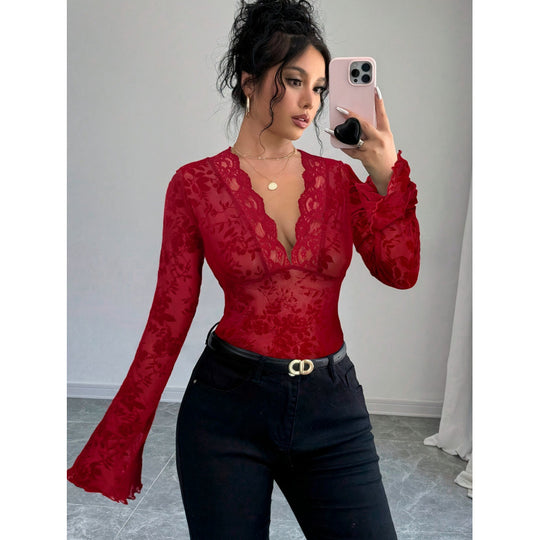 Damen Spitzen-Bodysuit mit tiefem V-Ausschnitt und romantischen Rüschendetails R&B