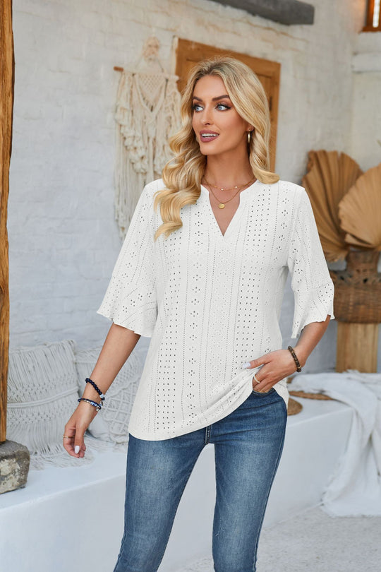 Damen modisches Oberteil mit durchbrochenem Design und Volantärmeln R&B