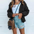 Damen lässige Overshirt-Jacke mit Knopfverschluss und voluminösen Ärmeln R&B