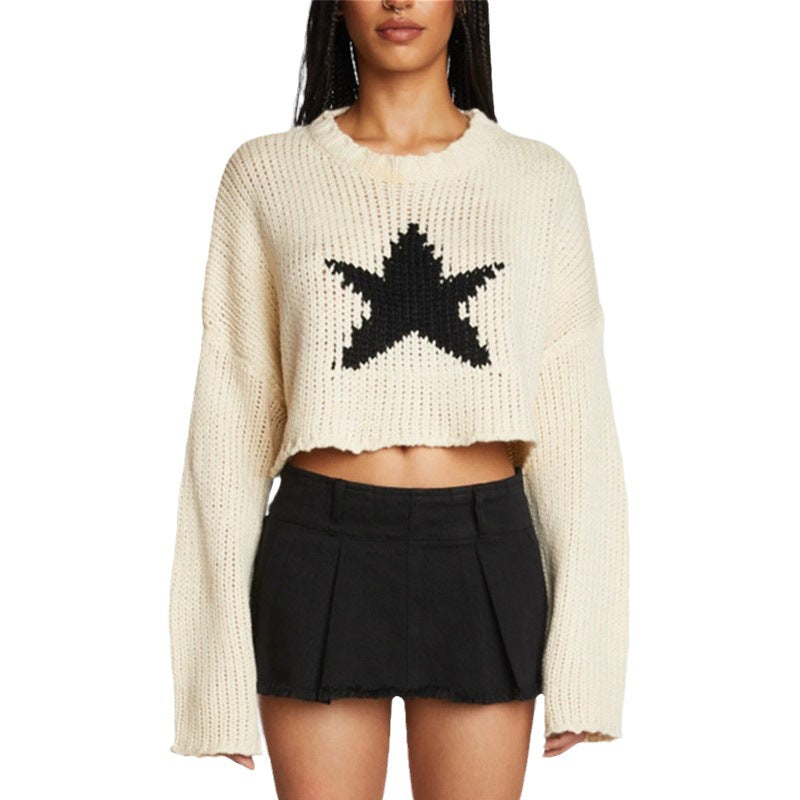 Damen modischer Grobstrickpullover mit trendy Sternenapplikation R&B