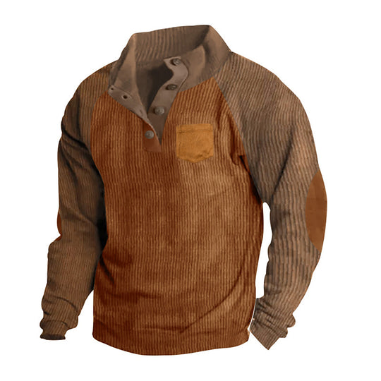 Herren nan strukturierter Halbknopf-Strickpullover im Cord-Look mit Raglanärmeln, aufgesetzter Brusttasche und Ellenbogenpatches R&B