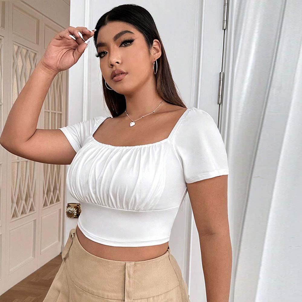 Damen Crop-Top mit gerafftem Design und nostalgischen Puffärmeln R&B