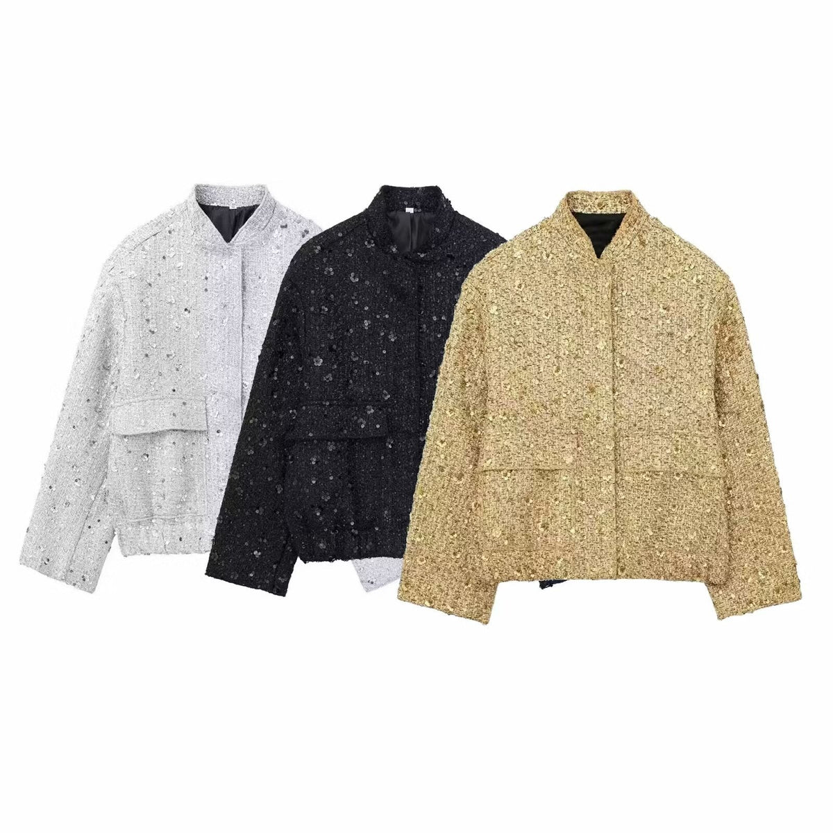 Damen nan strukturierte Boucléjacke mit Stehkragen, aufgesetzten Taschen und elastischem Saum R&B