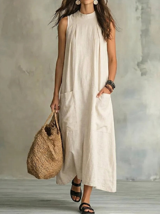 Damen nan ärmelloses Leinen-Maxikleid mit Stehkragen, Brustfalten und aufgesetzten Taschen R&B