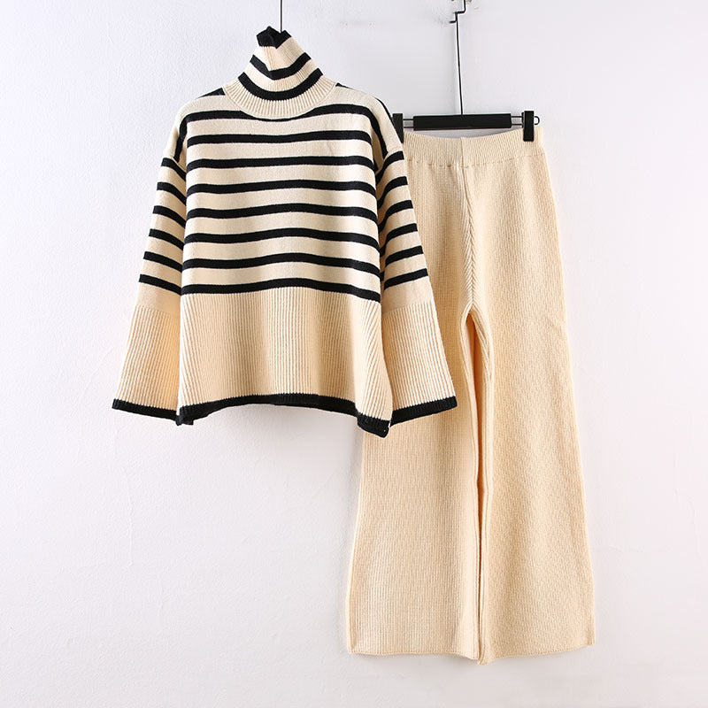 Damen Lässiges Strickensemble mit hohem Kragen und breiten Ärmeln
