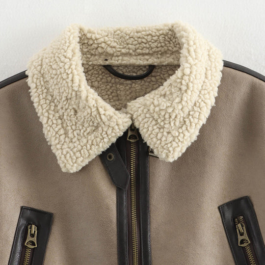 Damen lässige jacke mit Teddyfellkragen und verstellbarem Gürtel R&B