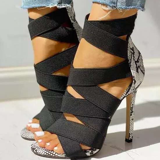 Damen High Heel Sandalen mit elastischen Riemen und stylischem Schlangenleder-Design R&B