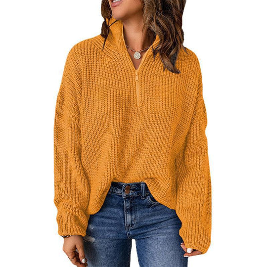 Damen Grobstrickpullover mit Stehkragen und Reißverschluss R&B